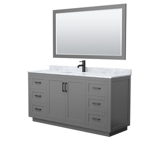 Miranda 66 Inch Single Bathroom Vanity in Dark Gray White Carrara Marble Countertop Undermount Square Sink Matte Black Trim 58 Inch Mirror