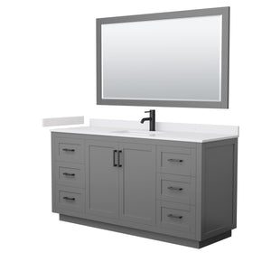 Miranda 66 Inch Single Bathroom Vanity in Dark Gray White Cultured Marble Countertop Undermount Square Sink Matte Black Trim 58 Inch Mirror