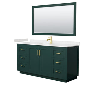 Miranda 66 Inch Single Bathroom Vanity in Green Carrara Cultured Marble Countertop Undermount Square Sink Brushed Gold Trim 58 Inch Mirror