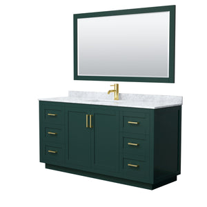 Miranda 66 Inch Single Bathroom Vanity in Green White Carrara Marble Countertop Undermount Square Sink Brushed Gold Trim 58 Inch Mirror