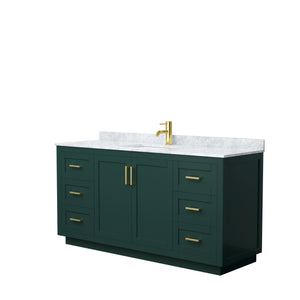 Miranda 66 Inch Single Bathroom Vanity in Green White Carrara Marble Countertop Undermount Square Sink Brushed Gold Trim