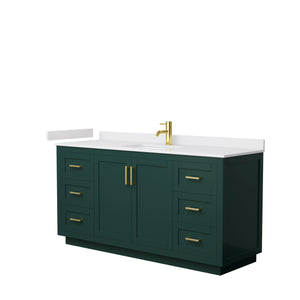 Miranda 66 Inch Single Bathroom Vanity in Green White Cultured Marble Countertop Undermount Square Sink Brushed Gold Trim