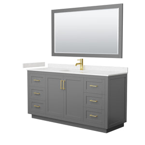Miranda 66 Inch Single Bathroom Vanity in Dark Gray Carrara Cultured Marble Countertop Undermount Square Sink Brushed Gold Trim 58 Inch Mirror