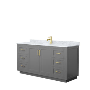 Miranda 66 Inch Single Bathroom Vanity in Dark Gray White Carrara Marble Countertop Undermount Square Sink Brushed Gold Trim