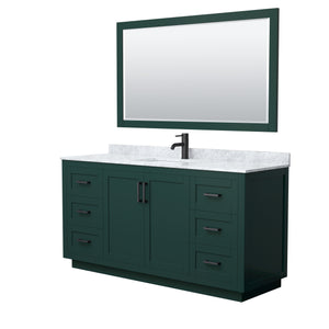 Miranda 66 Inch Single Bathroom Vanity in Green White Carrara Marble Countertop Undermount Square Sink Matte Black Trim 58 Inch Mirror