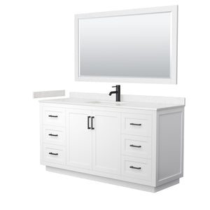 Miranda 66 Inch Single Bathroom Vanity in White Carrara Cultured Marble Countertop Undermount Square Sink Matte Black Trim 58 Inch Mirror