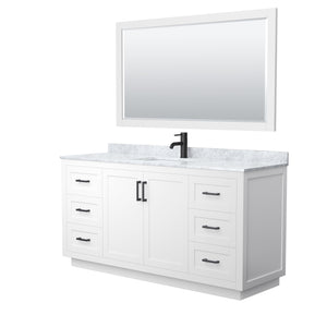 Miranda 66 Inch Single Bathroom Vanity in White White Carrara Marble Countertop Undermount Square Sink Matte Black Trim 58 Inch Mirror