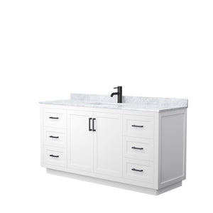 Miranda 66 Inch Single Bathroom Vanity in White White Carrara Marble Countertop Undermount Square Sink Matte Black Trim