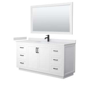 Miranda 66 Inch Single Bathroom Vanity in White White Cultured Marble Countertop Undermount Square Sink Matte Black Trim 58 Inch Mirror