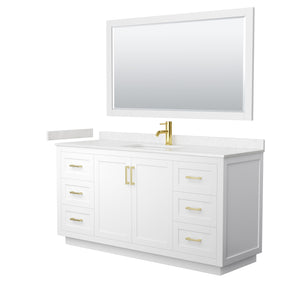 Miranda 66 Inch Single Bathroom Vanity in White Carrara Cultured Marble Countertop Undermount Square Sink Brushed Gold Trim 58 Inch Mirror