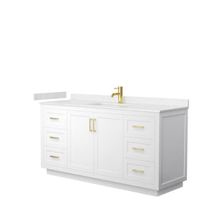 Miranda 66 Inch Single Bathroom Vanity in White Carrara Cultured Marble Countertop Undermount Square Sink Brushed Gold Trim