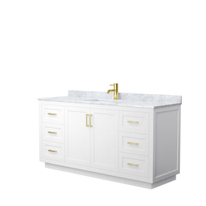 Miranda 66 Inch Single Bathroom Vanity in White White Carrara Marble Countertop Undermount Square Sink Brushed Gold Trim