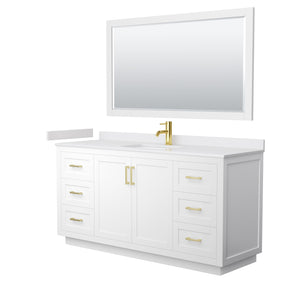 Miranda 66 Inch Single Bathroom Vanity in White White Cultured Marble Countertop Undermount Square Sink Brushed Gold Trim 58 Inch Mirror