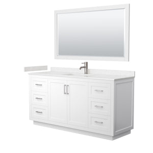 Miranda 66 Inch Single Bathroom Vanity in White Carrara Cultured Marble Countertop Undermount Square Sink Brushed Nickel Trim 58 Inch Mirror