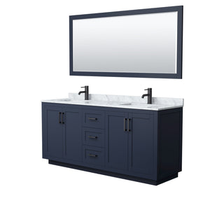 Miranda 72 Inch Double Bathroom Vanity in Dark Blue White Carrara Marble Countertop Undermount Square Sinks Matte Black Trim 70 Inch Mirror