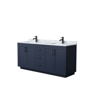 Miranda 72 Inch Double Bathroom Vanity in Dark Blue White Carrara Marble Countertop Undermount Square Sinks Matte Black Trim