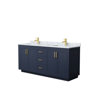 Miranda 72 Inch Double Bathroom Vanity in Dark Blue White Carrara Marble Countertop Undermount Square Sinks Brushed Gold Trim