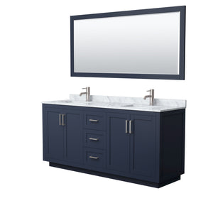 Miranda 72 Inch Double Bathroom Vanity in Dark Blue White Carrara Marble Countertop Undermount Square Sinks Brushed Nickel Trim 70 Inch Mirror
