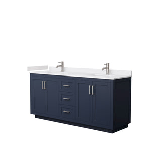 Miranda 72 Inch Double Bathroom Vanity in Dark Blue White Cultured Marble Countertop Undermount Square Sinks Brushed Nickel Trim