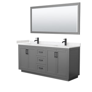 Miranda 72 Inch Double Bathroom Vanity in Dark Gray Carrara Cultured Marble Countertop Undermount Square Sinks Matte Black Trim 70 Inch Mirror