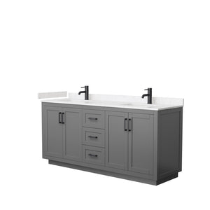 Miranda 72 Inch Double Bathroom Vanity in Dark Gray Carrara Cultured Marble Countertop Undermount Square Sinks Matte Black Trim