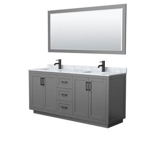 Miranda 72 Inch Double Bathroom Vanity in Dark Gray White Carrara Marble Countertop Undermount Square Sinks Matte Black Trim 70 Inch Mirror
