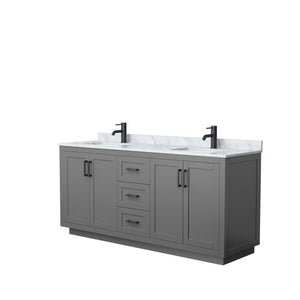 Miranda 72 Inch Double Bathroom Vanity in Dark Gray White Carrara Marble Countertop Undermount Square Sinks Matte Black Trim