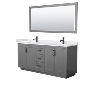 Miranda 72 Inch Double Bathroom Vanity in Dark Gray White Cultured Marble Countertop Undermount Square Sinks Matte Black Trim 70 Inch Mirror