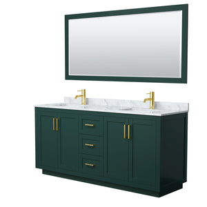 Miranda 72 Inch Double Bathroom Vanity in Green White Carrara Marble Countertop Undermount Square Sinks Brushed Gold Trim 70 Inch Mirror