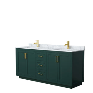 Miranda 72 Inch Double Bathroom Vanity in Green White Carrara Marble Countertop Undermount Square Sinks Brushed Gold Trim