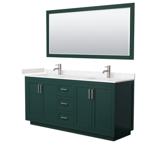 Miranda 72 Inch Double Bathroom Vanity in Green Carrara Cultured Marble Countertop Undermount Square Sinks Brushed Nickel Trim 70 Inch Mirror