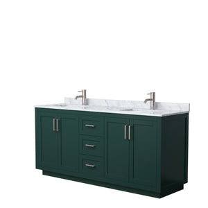 Miranda 72 Inch Double Bathroom Vanity in Green White Carrara Marble Countertop Undermount Square Sinks Brushed Nickel Trim