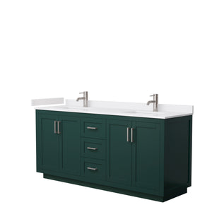 Miranda 72 Inch Double Bathroom Vanity in Green White Cultured Marble Countertop Undermount Square Sinks Brushed Nickel Trim