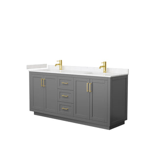 Miranda 72 Inch Double Bathroom Vanity in Dark Gray Carrara Cultured Marble Countertop Undermount Square Sinks Brushed Gold Trim