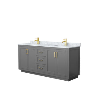 Miranda 72 Inch Double Bathroom Vanity in Dark Gray White Carrara Marble Countertop Undermount Square Sinks Brushed Gold Trim