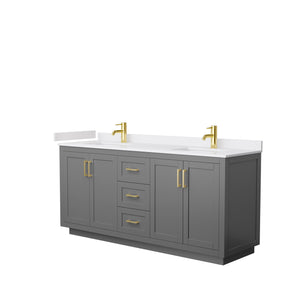 Miranda 72 Inch Double Bathroom Vanity in Dark Gray White Cultured Marble Countertop Undermount Square Sinks Brushed Gold Trim