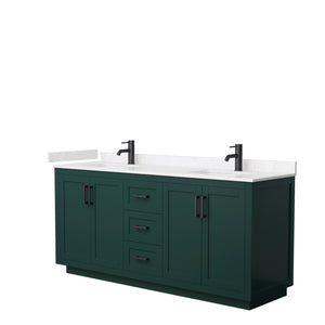 Miranda 72 Inch Double Bathroom Vanity in Green Carrara Cultured Marble Countertop Undermount Square Sinks Matte Black Trim