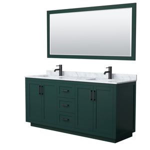 Miranda 72 Inch Double Bathroom Vanity in Green White Carrara Marble Countertop Undermount Square Sinks Matte Black Trim 70 Inch Mirror