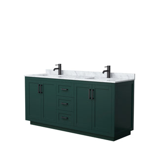 Miranda 72 Inch Double Bathroom Vanity in Green White Carrara Marble Countertop Undermount Square Sinks Matte Black Trim