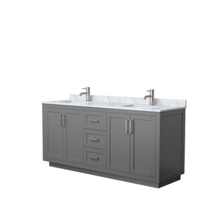 Miranda 72 Inch Double Bathroom Vanity in Dark Gray White Carrara Marble Countertop Undermount Square Sinks Brushed Nickel Trim