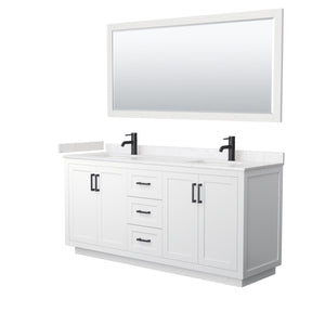 Miranda 72 Inch Double Bathroom Vanity in White Carrara Cultured Marble Countertop Undermount Square Sinks Matte Black Trim 70 Inch Mirror