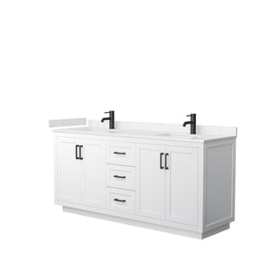 Miranda 72 Inch Double Bathroom Vanity in White Carrara Cultured Marble Countertop Undermount Square Sinks Matte Black Trim