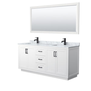 Miranda 72 Inch Double Bathroom Vanity in White White Carrara Marble Countertop Undermount Square Sinks Matte Black Trim 70 Inch Mirror