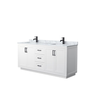 Miranda 72 Inch Double Bathroom Vanity in White White Carrara Marble Countertop Undermount Square Sinks Matte Black Trim