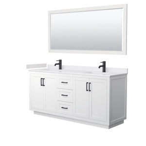 Miranda 72 Inch Double Bathroom Vanity in White White Cultured Marble Countertop Undermount Square Sinks Matte Black Trim 70 Inch Mirror
