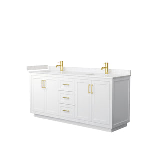 Miranda 72 Inch Double Bathroom Vanity in White Carrara Cultured Marble Countertop Undermount Square Sinks Brushed Gold Trim