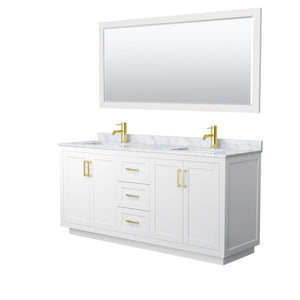 Miranda 72 Inch Double Bathroom Vanity in White White Carrara Marble Countertop Undermount Square Sinks Brushed Gold Trim 70 Inch Mirror
