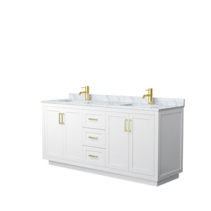 Miranda 72 Inch Double Bathroom Vanity in White White Carrara Marble Countertop Undermount Square Sinks Brushed Gold Trim