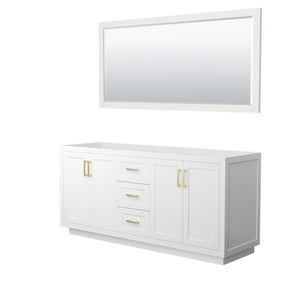 Miranda 72 Inch Double Bathroom Vanity in White No Countertop No Sink Brushed Gold Trim 70 Inch Mirror