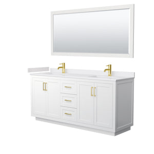 Miranda 72 Inch Double Bathroom Vanity in White White Cultured Marble Countertop Undermount Square Sinks Brushed Gold Trim 70 Inch Mirror